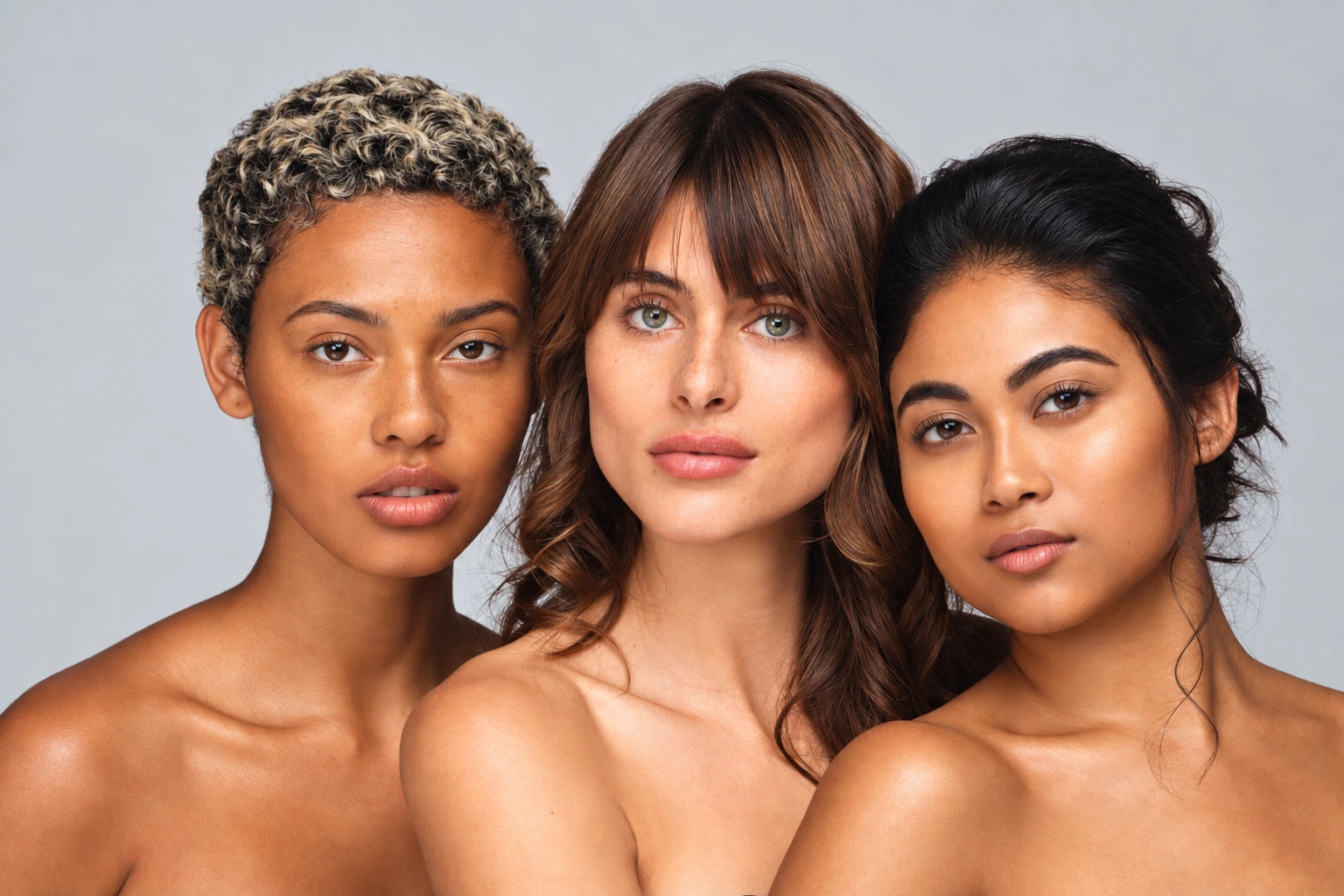 Tres modelos con maquillaje natural y luminoso en distintos tonos de piel