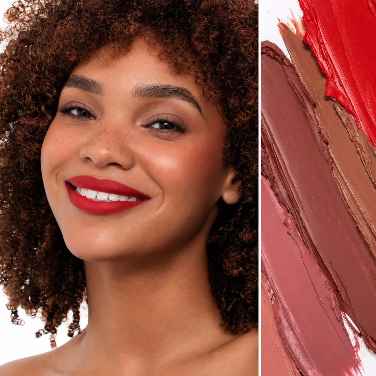 Modelo con labios rojos junto a swatches cremosos de labiales