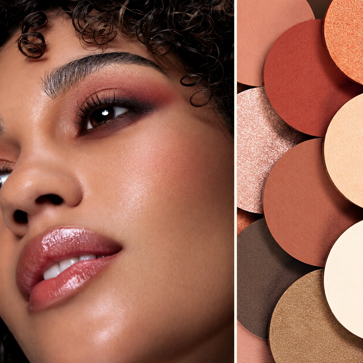 Primer plano de maquillaje de ojos terracota y ahumado junto a sombras mates y brillantes
