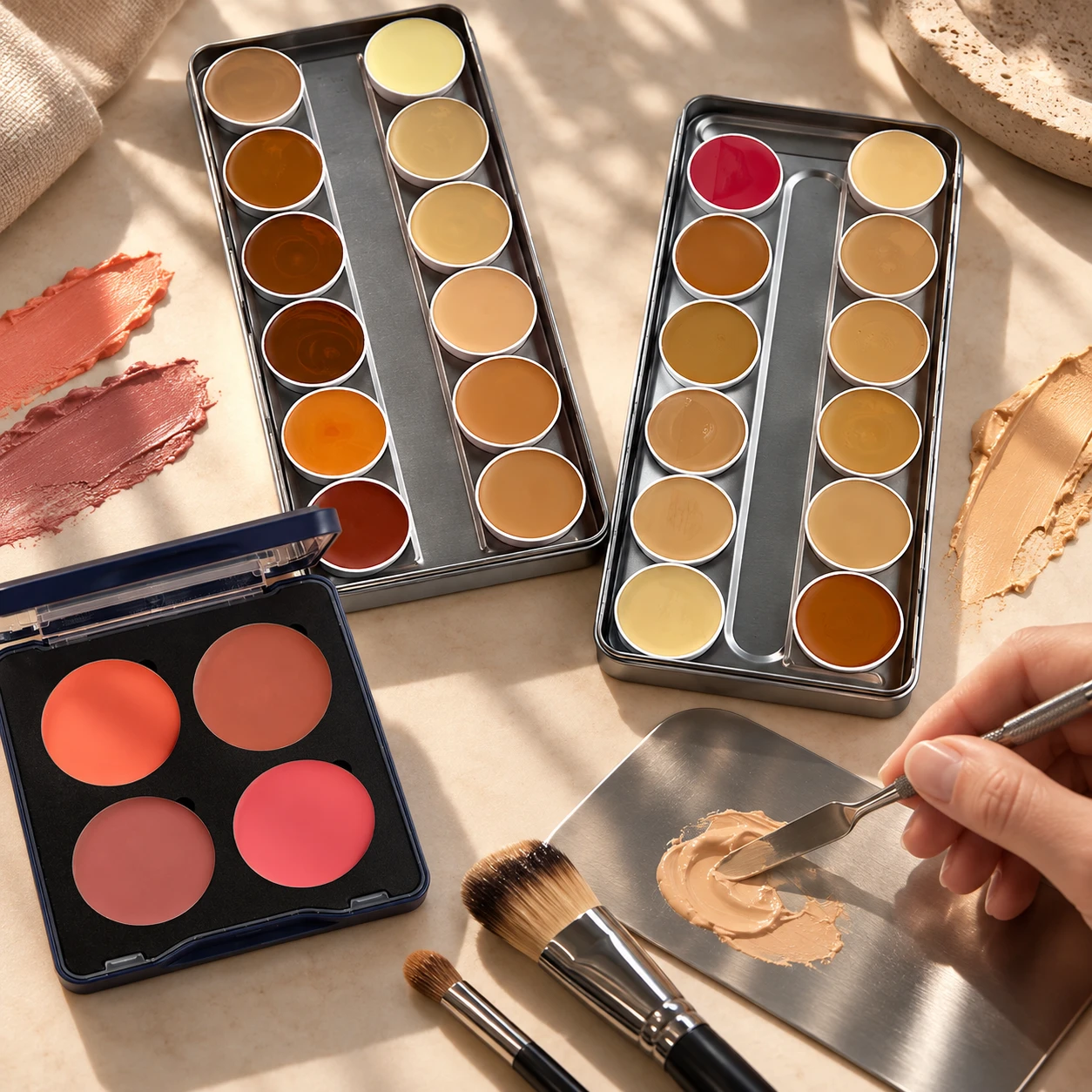 Paletas de maquillaje y blush junto a una mano mezclando crema en una paleta metálica