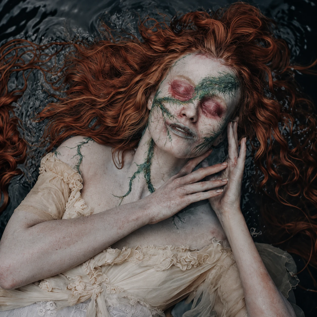 Modelo pelirroja sobre el agua con maquillaje artístico de texturas verdes y piel pálida